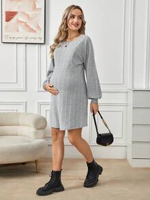SHEIN Thai sản Đồ đan Ribbed Điều dưỡng Đầm - Xám - Xem 6