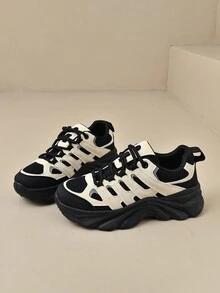 Của phụ nữ Đúng mốt Màu sắc Chặn Dày Đế Lace-up Không trượt Bền chặt Lưới Bên trong Thấm hút mồ hôi Ngoài trời Khỏe mạnh  chạy Giày thể thao - màu đen - Xem 1