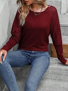 SHEIN LUNE Contrast Lace Raglan Sleeve Tee - Red - View 6