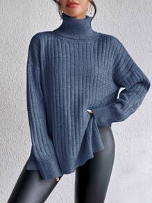 SHEIN Clasi Turtleneck Drop Shoulder Split Hem Knit Pullover Fall Winter Sweater - Blue - View 6