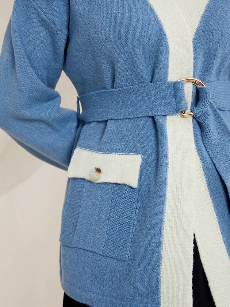 Contrast Trim Drop Shoulder Belted Cardigan