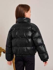 SHEIN Chaqueta corta tejida para niñas preadolescentes con ajuste holgado, unicolor y cuello de pie para ocasiones casuales - Negro - Ver 2