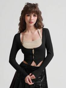 SHEIN MOD Nút phía trước Áo phông Crop - màu đen - Xem 1