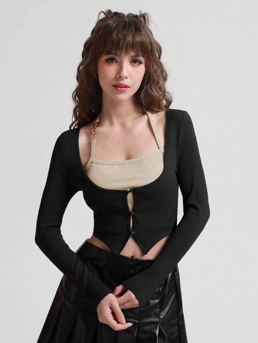 SHEIN MOD Nút phía trước Áo phông Crop - màu đen - Xem 1