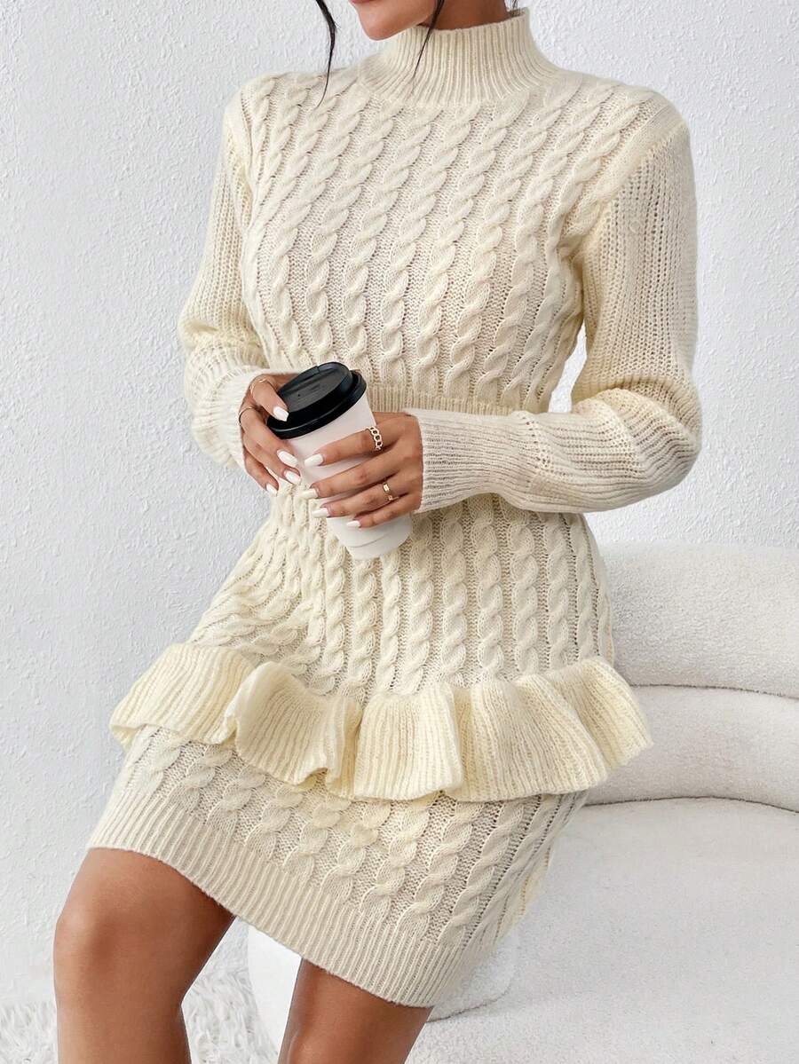 SHEIN Essnce Mock Neck Ruffle Trim Cable Knit Sweater Dress - Apricot - View 1