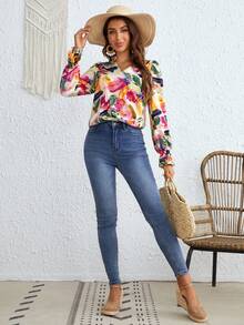 SHEIN VCAY Brush Print Notched Neckline Flounce Sleeve Blouse - Multicolor - View 6