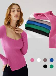 RueChic Slit Hem Ribbed Knit Jumper - Pink - View 1