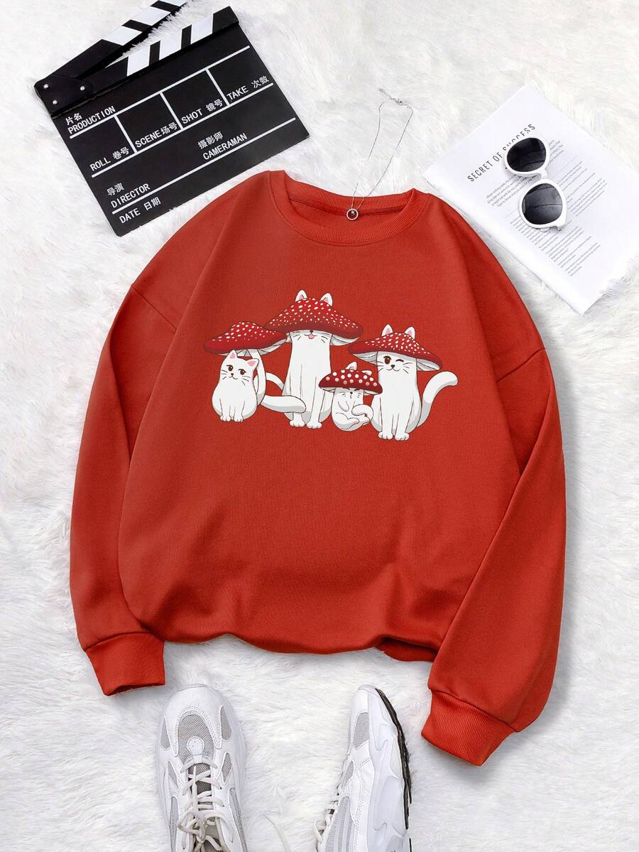 SHEIN Unity Hơn Đồ họa Hoạt hình Lót nhiệt Áo nỉ - Đỏ - Xem 1