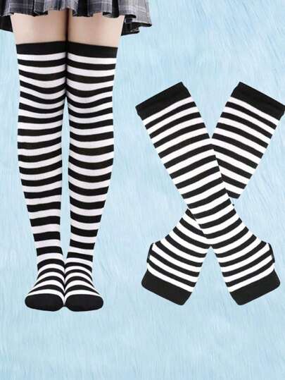 Kawaii زوج واحد مخطط جوارب للركبة & زوج واحد قفازات بدون اصابع