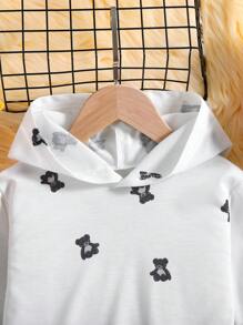 SHEIN Ragazzine Abito felpa con cappuccio con stampa orso orlo plissettato