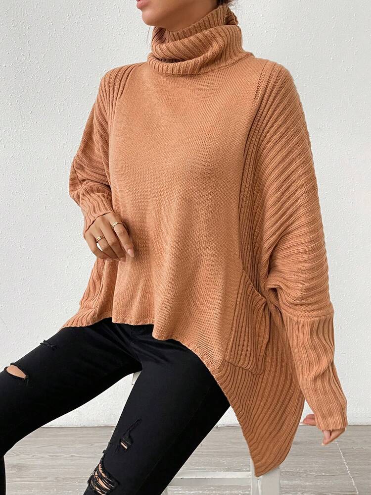 Turtleneck Batwing Sleeve Dual Pocket Asymmetrical Hem Knit Pullover Fall Winter Sweater