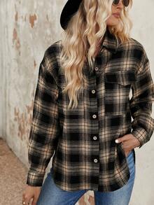 SHEIN Essnce Plaid Print Flap Pocket Drop Shoulder Shirt - Khaki - View 4