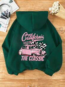 SHEIN EZwear Đồ họa ô tô và chữ cái Túi kangaroo Dây rút Lót nhiệt Hoodie - Màu xanh lá cây đậm - Xem 1