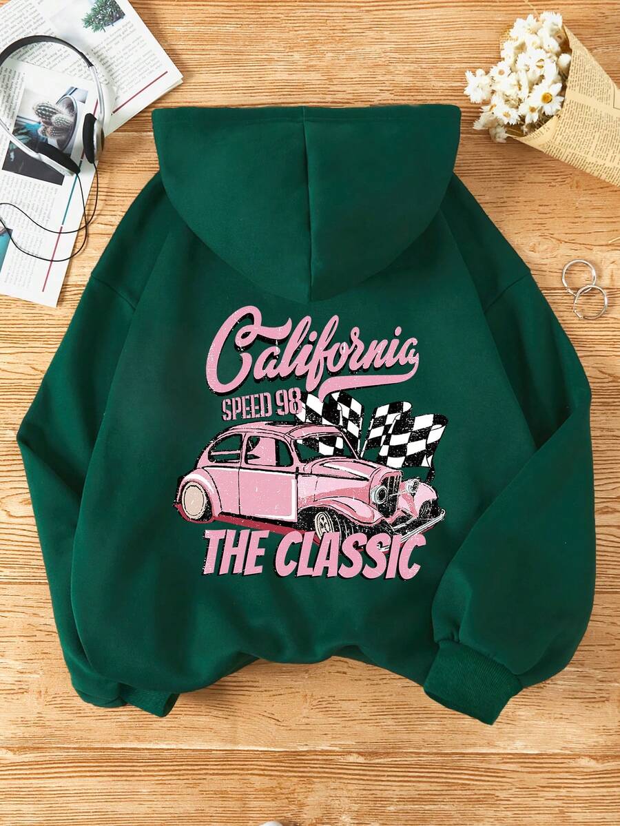 SHEIN EZwear Đồ họa ô tô và chữ cái Túi kangaroo Dây rút Lót nhiệt Hoodie - Màu xanh lá cây đậm - Xem 1