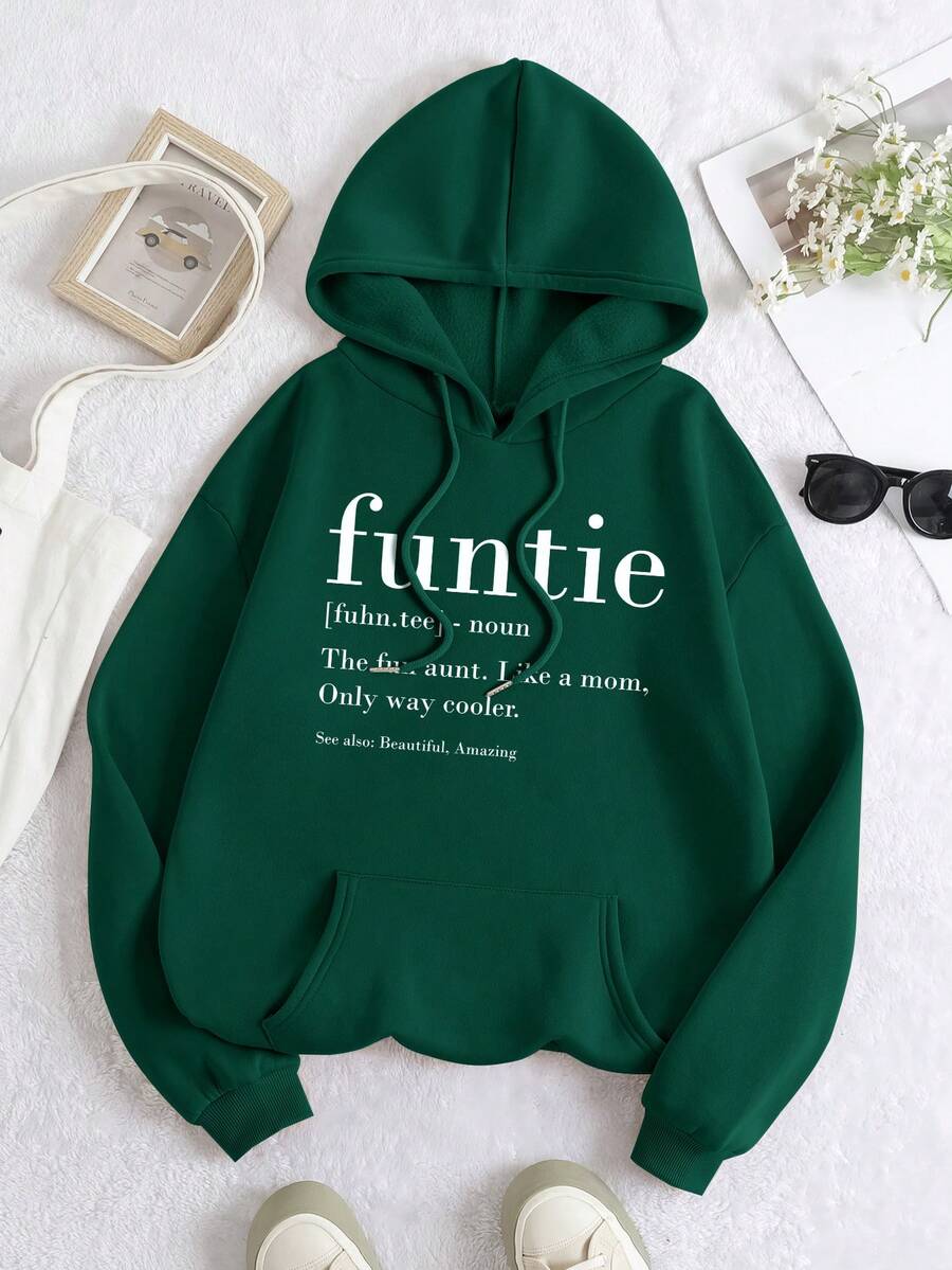 SHEIN Essnce Áo hoodie lót nhiệt dành cho nữ có in khẩu hiệu - Màu xanh lá cây đậm - Xem 1