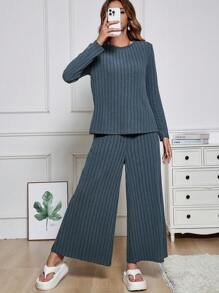 SHEIN LUNE 女羅紋針織t卹+寬褲套裝 - 霧霾藍 - 查看 4