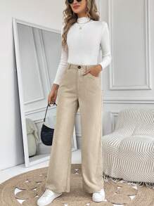 SHEIN LUNE 高腰斜口袋燈芯絨闊腿褲 - 杏色 - 查看 5