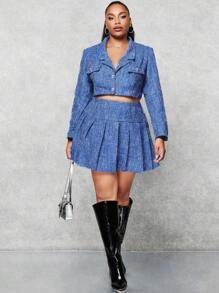 SHEIN BAE Plus Flap Detail Crop Blazer - Blue - View 5