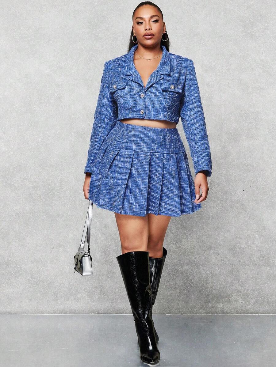 SHEIN BAE Plus Wide Waistband Pleated Skirt - Blue - View 1