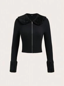 SHEIN EZwear Plus Borg Collar Zip Up Jacket - Black - View 1