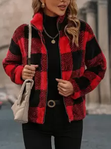 SHEIN LUNE In kẻ sọc Buffalo Thả vai Flannel Áo khoác - Đỏ - Xem 1