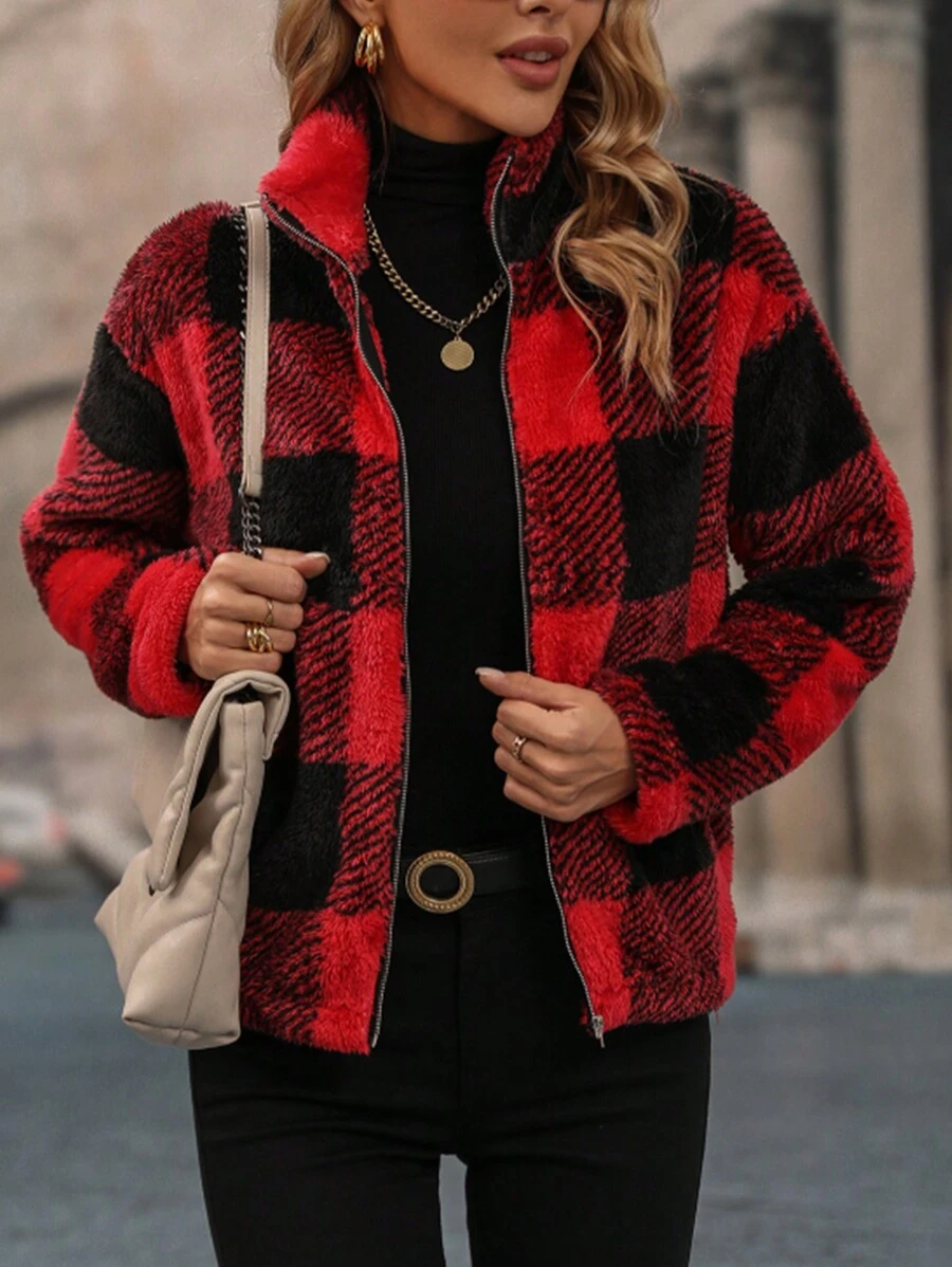 SHEIN LUNE In kẻ sọc Buffalo Thả vai Flannel Áo khoác - Đỏ - Xem 1