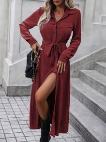SHEIN LUNE Solid Flap Detail Belted Shirt Dress - Burgundy - View 4
