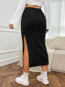SHEIN EZwear Hơn Cao eo Tách đùi Váy - màu đen - Xem 2