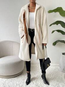 SHEIN Essnce 拼接邊前紐扣絨毛外套 - 杏色 - 查看 5