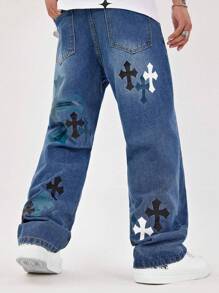 Manfinity Roghcode 男士休闲交叉印花直筒牛仔裤 - 藍色 - 查看 2