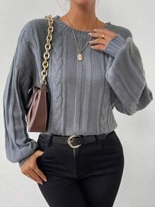 SHEIN LUNE Cable Knit Drop Shoulder Knit Pullover Fall Winter Sweater - Grey - View 5