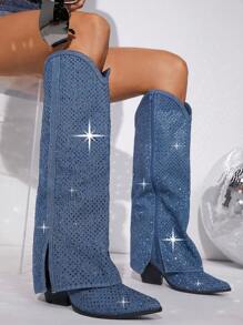 SHUZIA Denim Pointy Toe Rhinestone Decor Booties Mother's Day Present - Blue - View 3