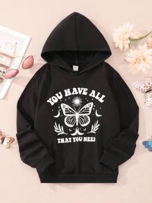 SHEIN Tween Girl 1pc Butterfly & Slogan Graphic Hooded Sweatshirt - Black - View 1