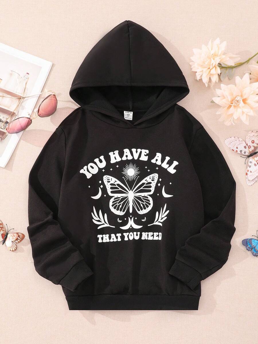 SHEIN Tween Girl 1pc Butterfly & Slogan Graphic Hooded Sweatshirt - Black - View 1