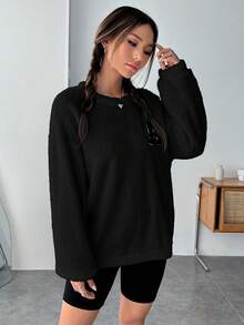 SHEIN EZwear Letter Patched Drop Shoulder Fuzzy Sweatshirt - Black - View 5