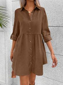 SHEIN LUNE Roll Tab Sleeve Button Front Shirt Dress - Brown - View 1