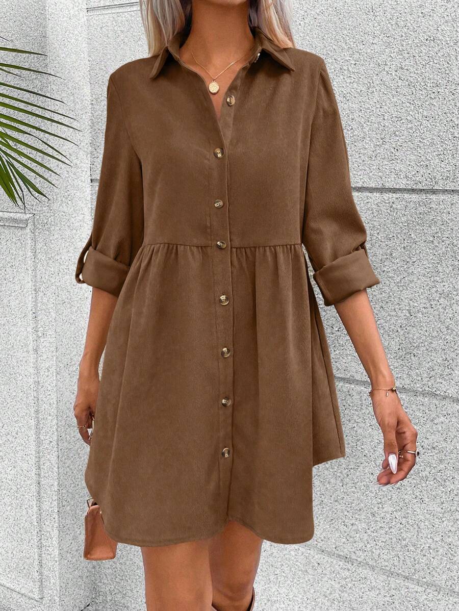 SHEIN LUNE Roll Tab Sleeve Button Front Shirt Dress - Brown - View 1
