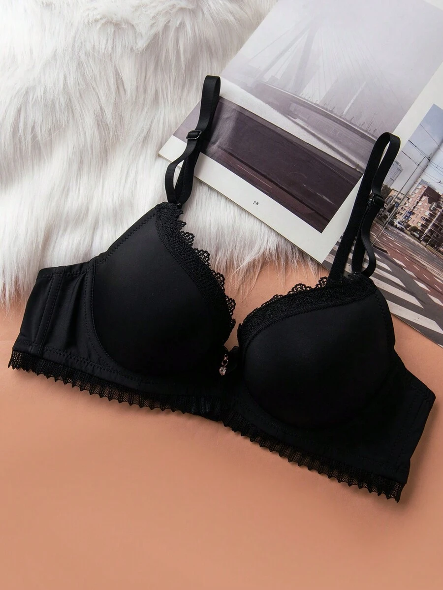 Lace Trim Push Up Bra Lingerie - Black - View 1