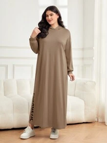 Mulvari Plus Letter Graphic Drop Shoulder Hooded Sweatshirt Dress - Khaki - View 3