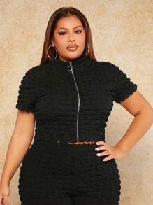 SHEIN SXY Kích thước lớn Đứng cổ áo Dây kéo Ngắn tay Áo thun - màu đen - Xem 1