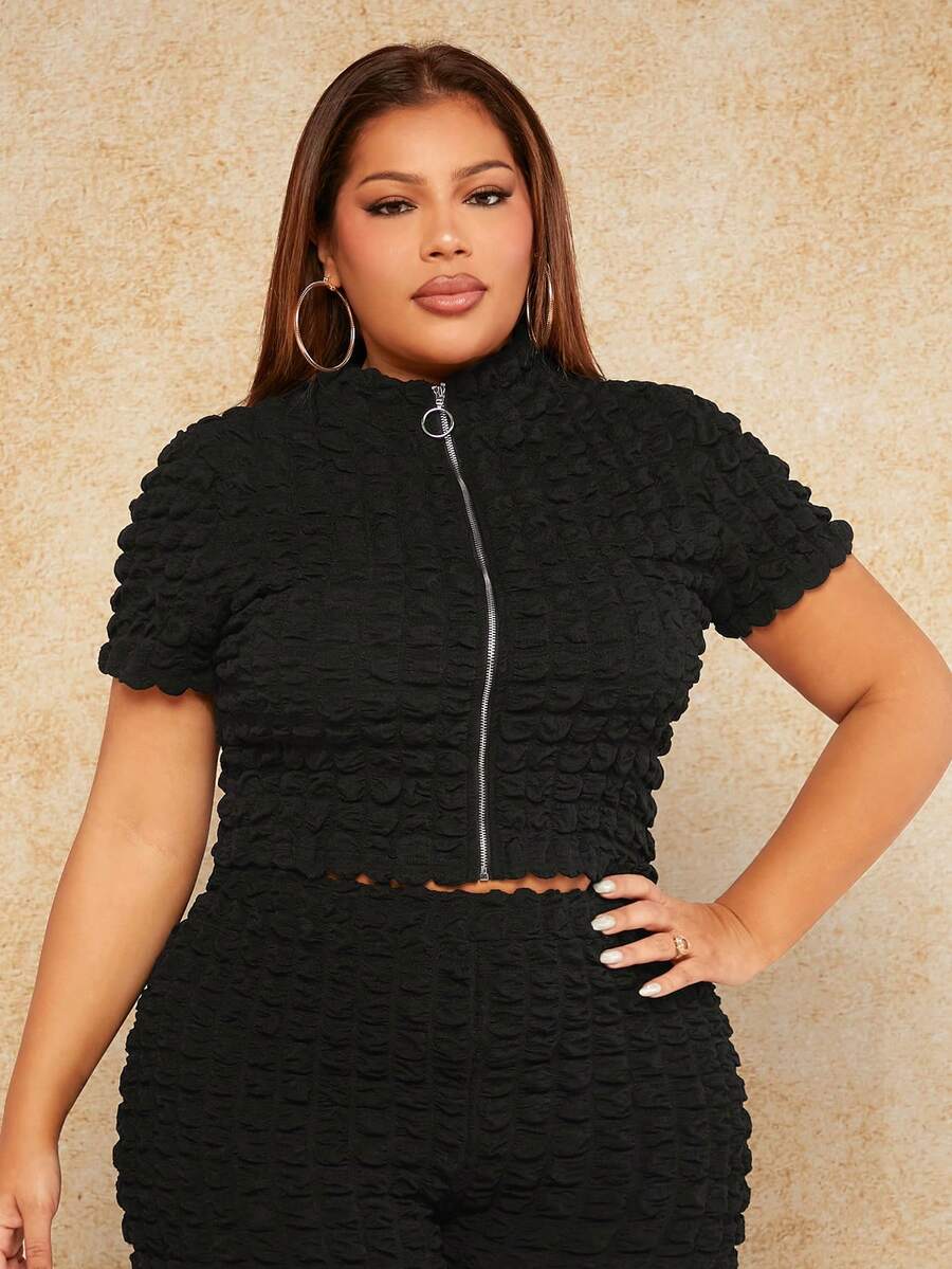 SHEIN SXY Kích thước lớn Đứng cổ áo Dây kéo Ngắn tay Áo thun - màu đen - Xem 1