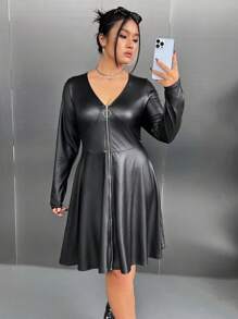 SHEIN Privé Plus Zip Up Flare Hem Dress - Black - View 3