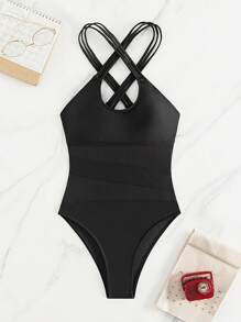SHEIN Swim Black Sheer Mesh One Piece Swimsuit, For Summer Beach Vacation - Black - View 4