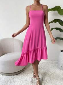 SHEIN Privé Solid Asymmetrical Ruffle Hem Cami Dress - Hot Pink - View 5