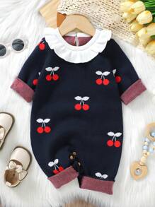 嬰兒女童櫻桃圖案毛衣連體褲,配蕾絲邊緣 - 藏蓝色 - 查看 1