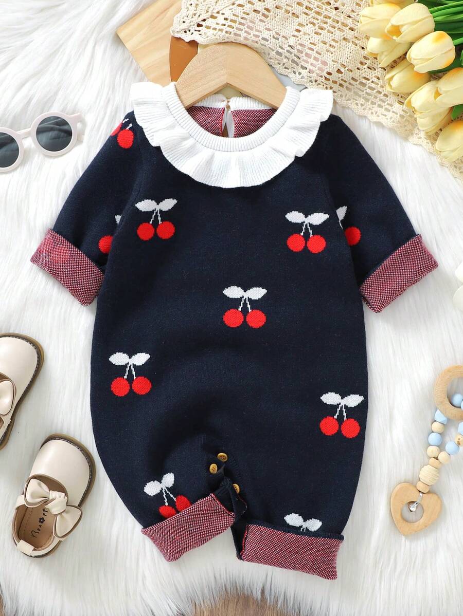 嬰兒女童櫻桃圖案毛衣連體褲,配蕾絲邊緣 - 藏蓝色 - 查看 1