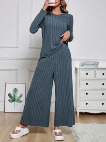 SHEIN LUNE 女羅紋針織t卹+寬褲套裝 - 霧霾藍 - 查看 3