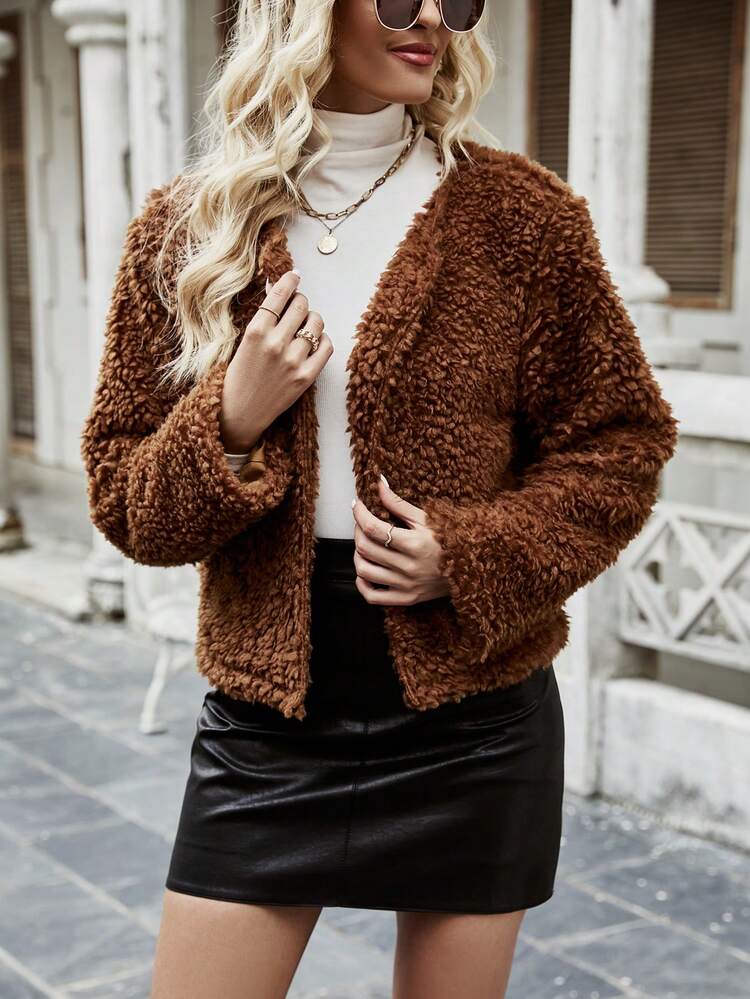 Solid Open Front Teddy Jacket