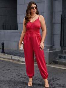 Calvaya Plus Solid Shirred Waist Cami Jumpsuit - Red - View 6