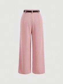 SHEIN MOD 素色腰帶直筒褲 - 粉色 - 查看 2